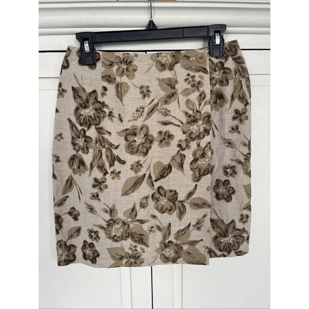 Ann Taylor True Wrap Skirt Beige Print Linen Rayon Size 8 NWT New Vintage